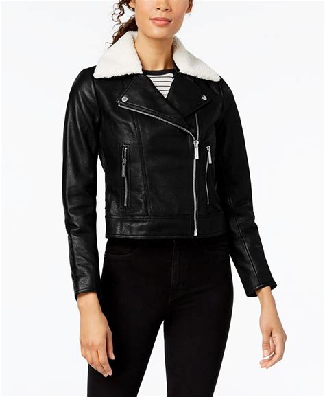 michael michael kors leather moto jacket with faux shearling collar|Michael Kors motorcycle jackets.